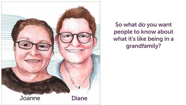 Split visual: An illustration of two white women standing side by side one the right and a quote from the audio on the left
